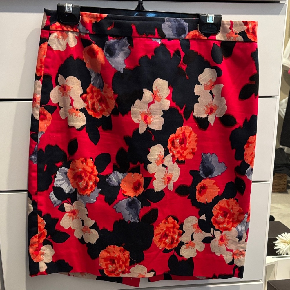 J. Crew Red and Navy Floral Pencil Skirt